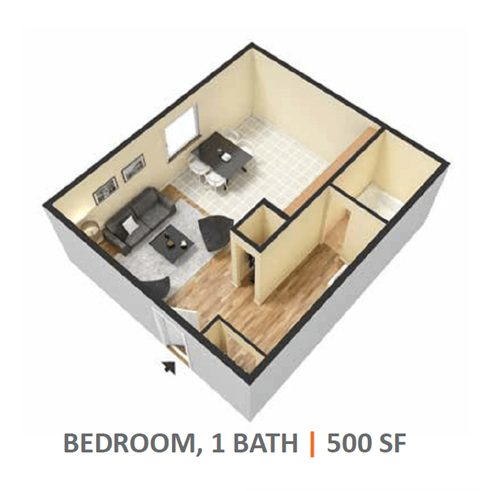 A 3D image of a bedroom with 1 bathroom and 500 square feet.